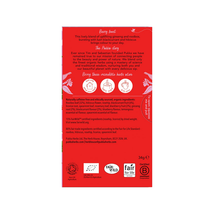 Back packaging of Pukka Herbs Morning Berry Tea Bags, highlighting organic ingredients and brewing instructions.