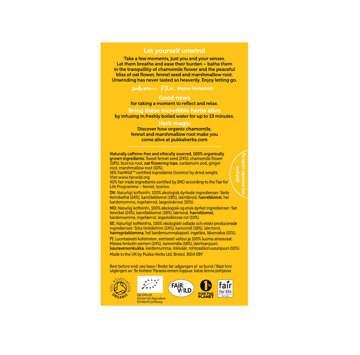 Pukka Relax Tea Bags packaging back view showcasing ingredients and brewing instructions for calming herbal tea.