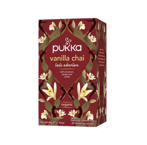 Pukka Vanilla Chai Tea Bags 20 Pack, organic herbal tea with cinnamon, ginger, and vanilla, naturally caffeine-free.