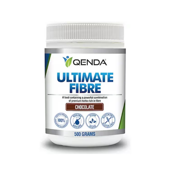 Qenda Ultimate Fibre Chocolate 500g, organic dietary supplement, high in fibre, adaptogenic herbs, vegan, gluten-free, non-GMO.