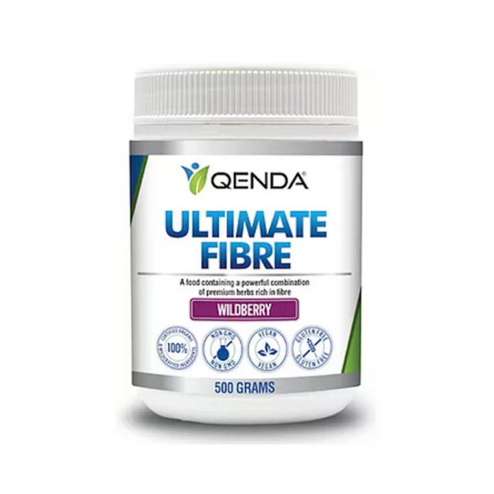 Qenda Ultimate Fibre Wildberry 500g jar with organic adaptogenic herbs, rich in dietary fiber, gluten-free, vegan, and non-GMO.