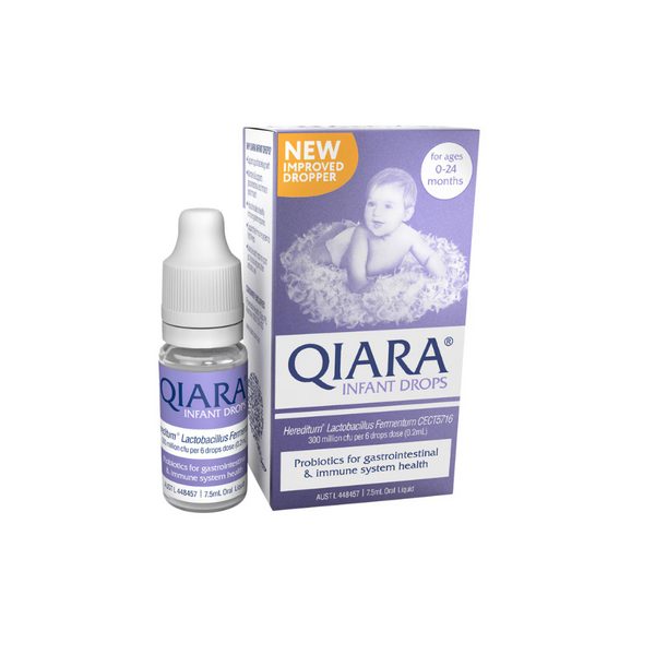 Qiara Infant Drops for gastrointestinal health, 7.5ml bottle and box with probiotics for babies aged 0-24 months.