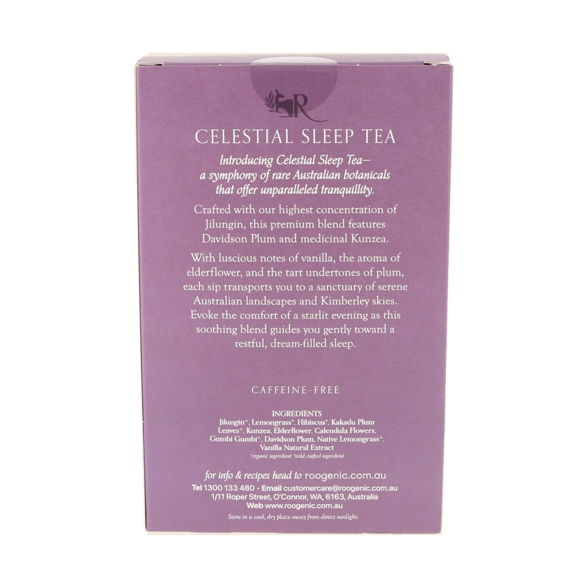Roogenic Celestial Sleep Tea 18 Tea Bags — ingredients and back label