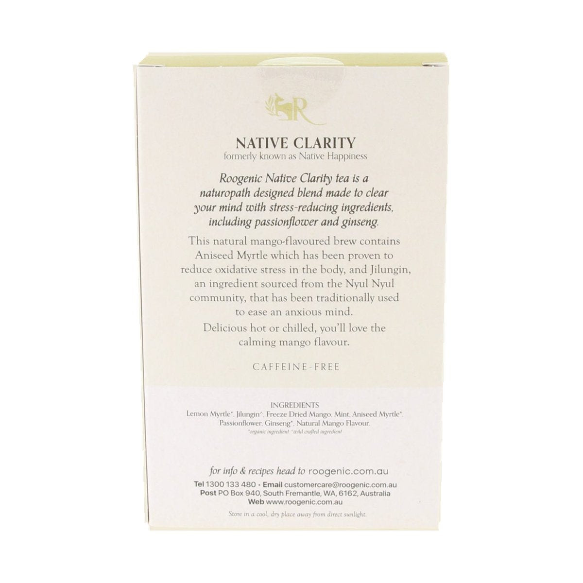 Roogenic Clarity Tea — ingredients and back label