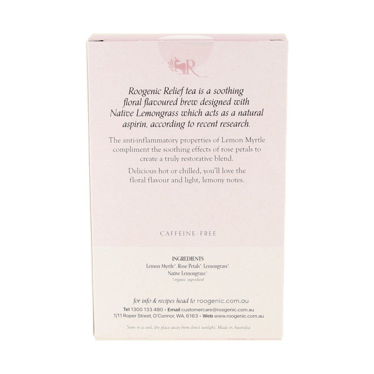 Roogenic Relief Tea 18 Tea Bags — ingredients and back label