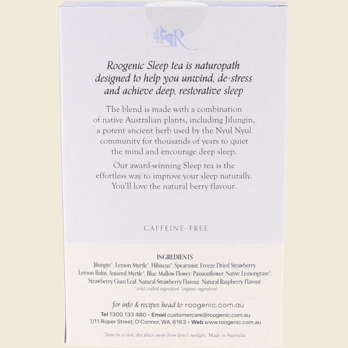 Roogenic Sleep Tea Berry 18 tea bags — back of pack with ingredients and storage information