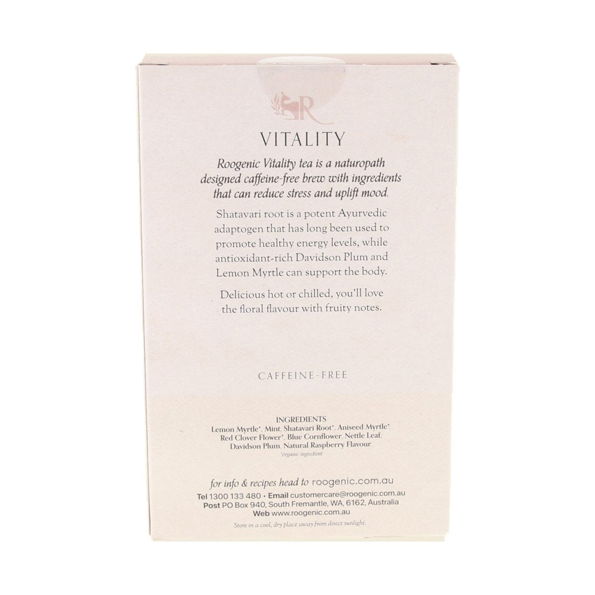 Roogenic Vitality Tea 18 Tea Bags — ingredients and back label