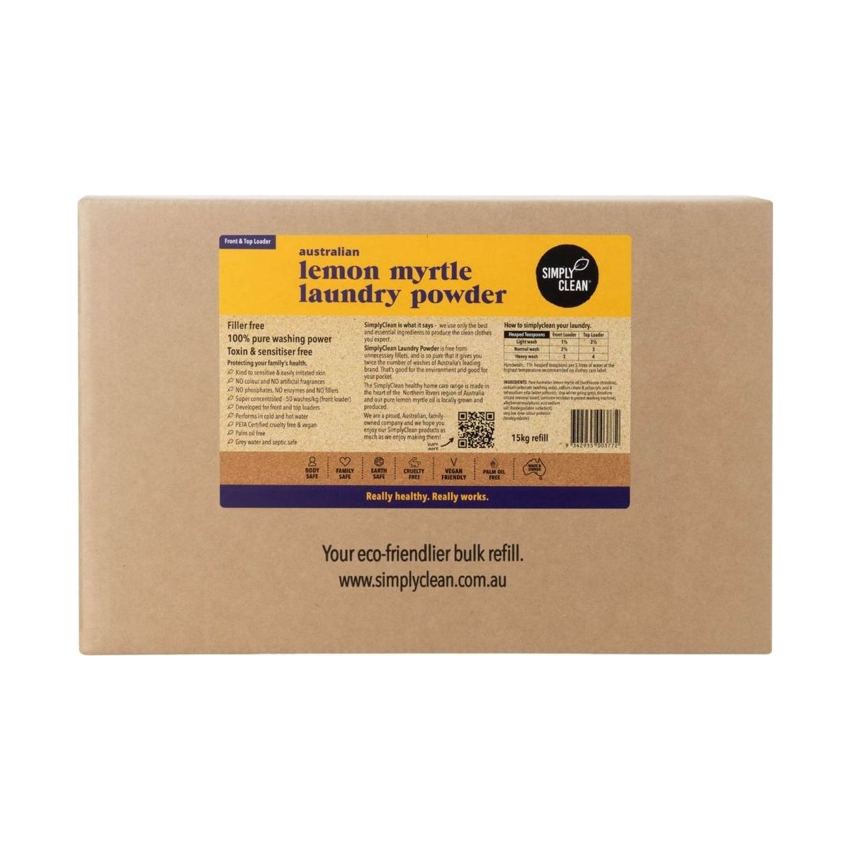 Simply Clean Lemon Myrtle Laundry Powder 15kg Refill Box — 15kg refill box, white background