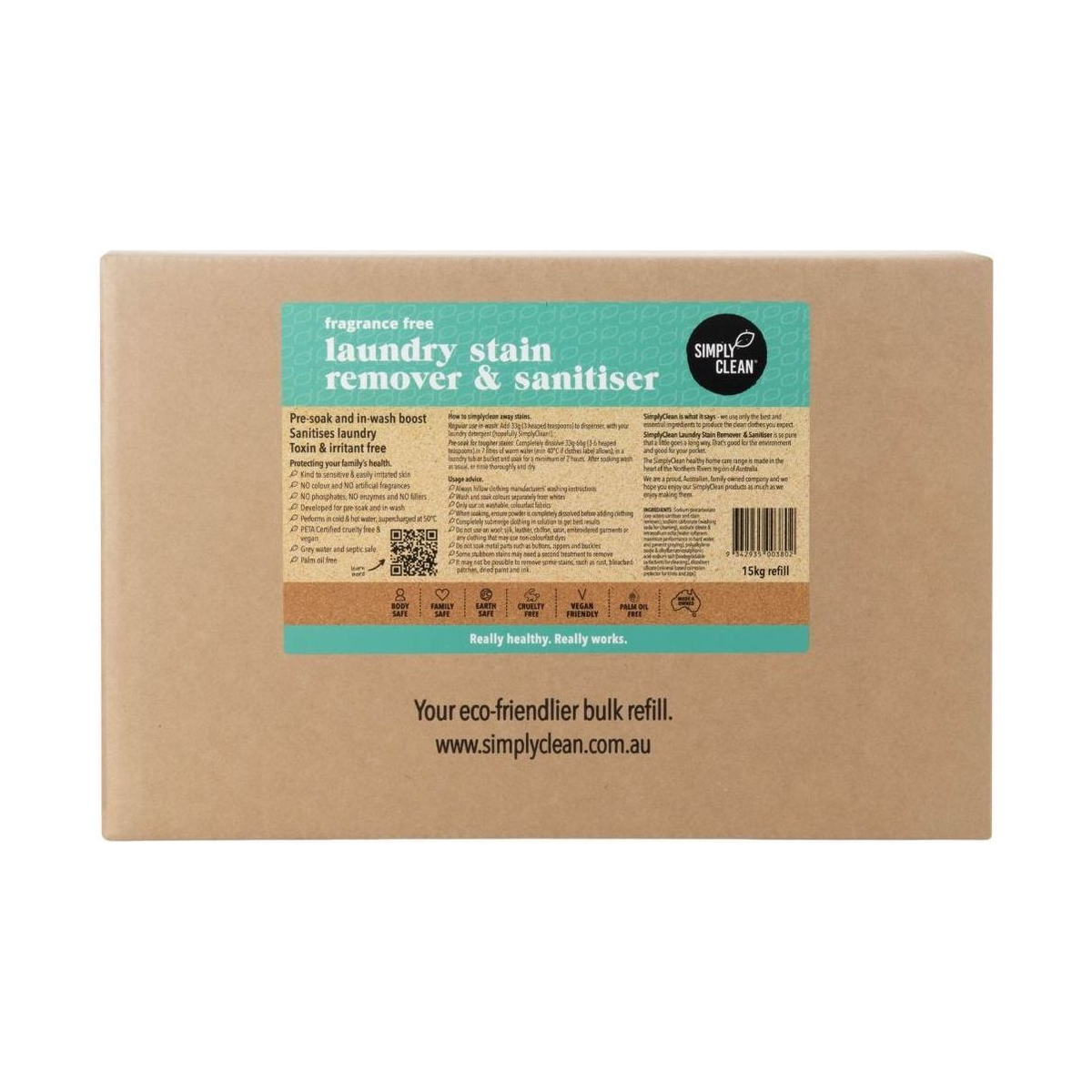 Simply Clean Fragrance Free Laundry Stain Remover 15kg Refill Box — 15kg refill box, white background