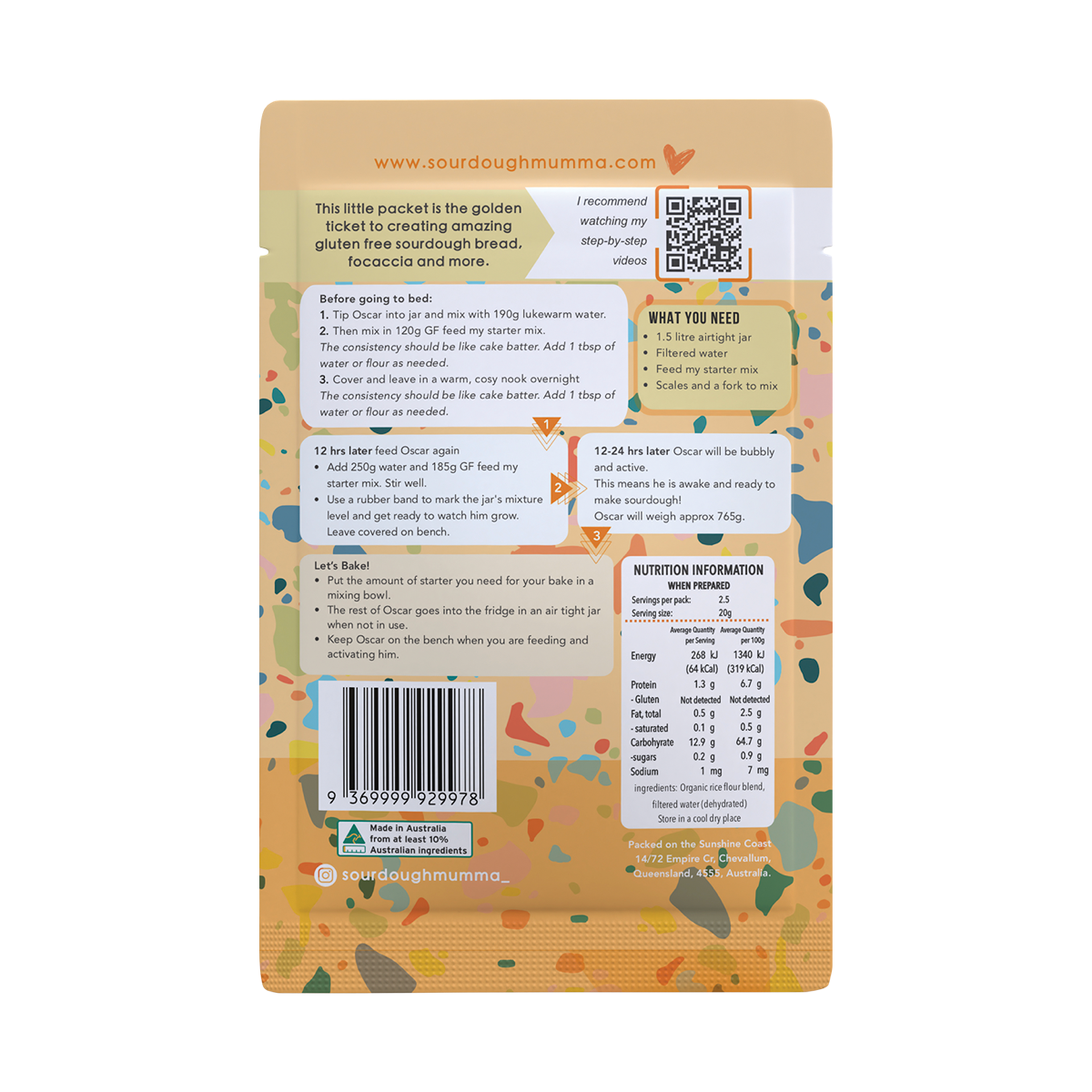 Sourdough Mumma Gluten Free Organic Sourdough Starter 20g back label with ingredients and directions