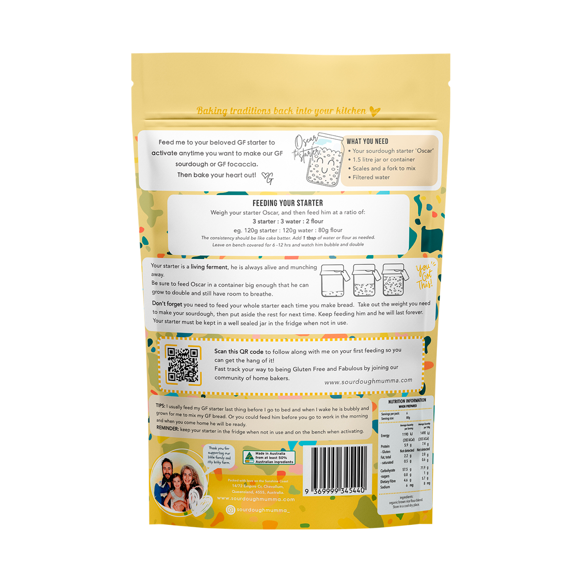 Sourdough Mumma Gluten Free Organic Feed My Starter Mix 500g back label with ingredients and directions