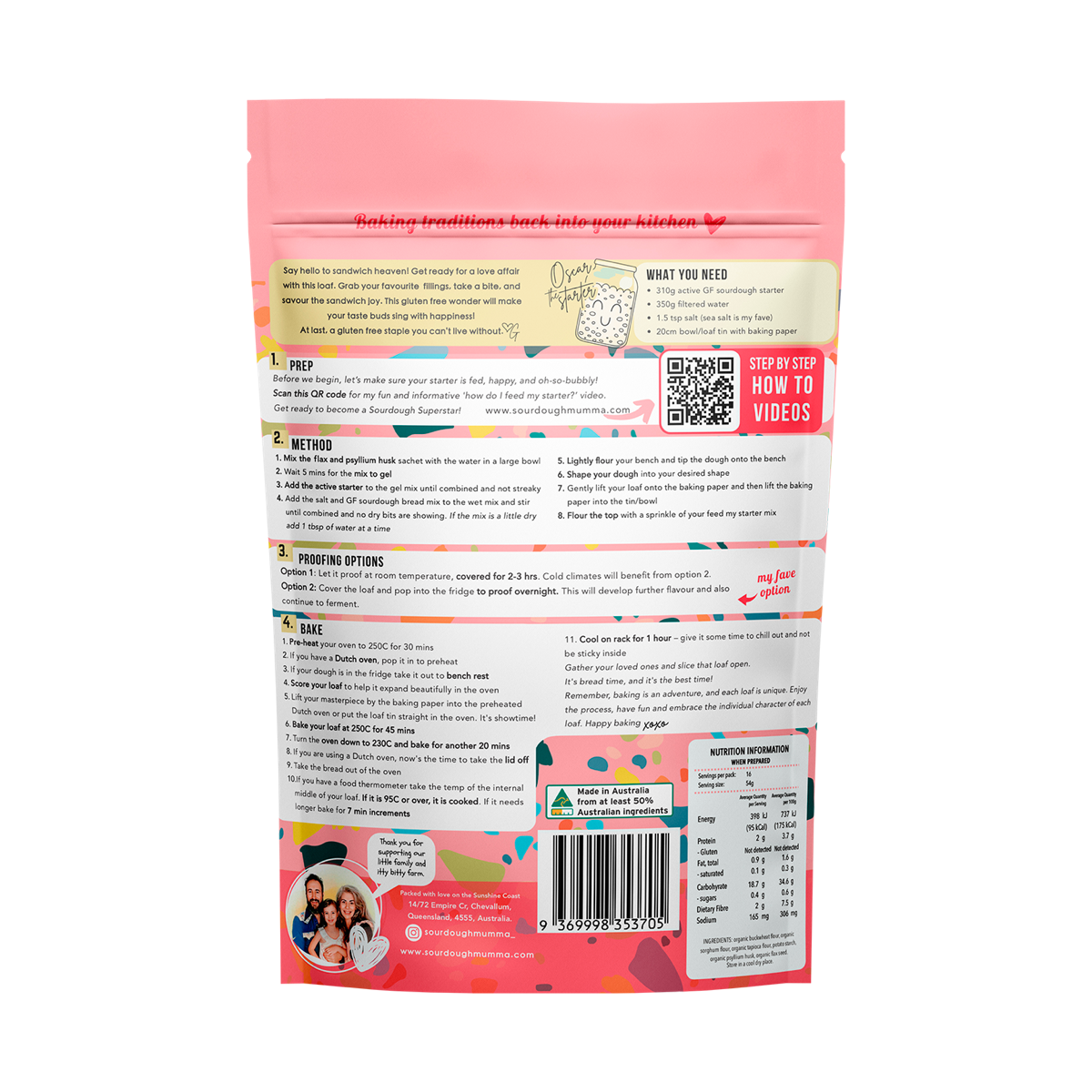 Sourdough Mumma Gluten Free Organic Sourdough Bread Mix 315g back label with ingredients and directions