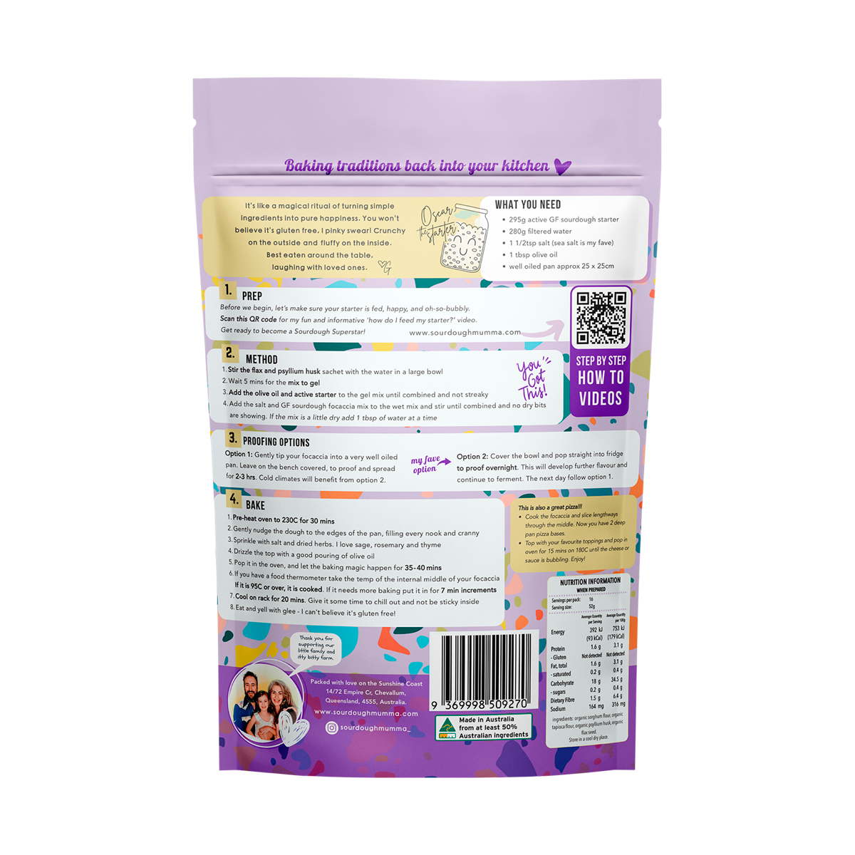 Sourdough Mumma Gluten Free Organic Sourdough Focaccia Mix 277g back label with ingredients and directions
