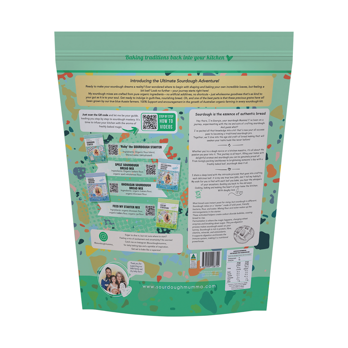 Sourdough Mumma Organic Traditional Sourdough Bread Making Kit 1.52kg back label with ingredients and directions