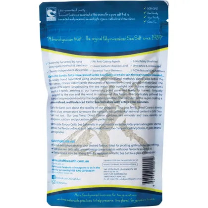 Salt of the Earth Celtic Sea Salt Low Temp Dried Coarse 250g back label and product information