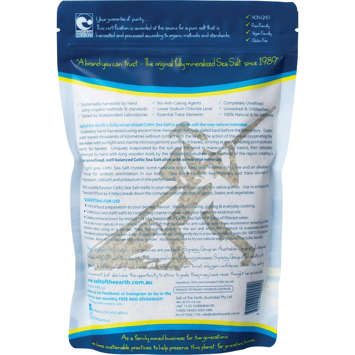 Salt of the Earth Celtic Sea Salt Coarse 650g back label and product information