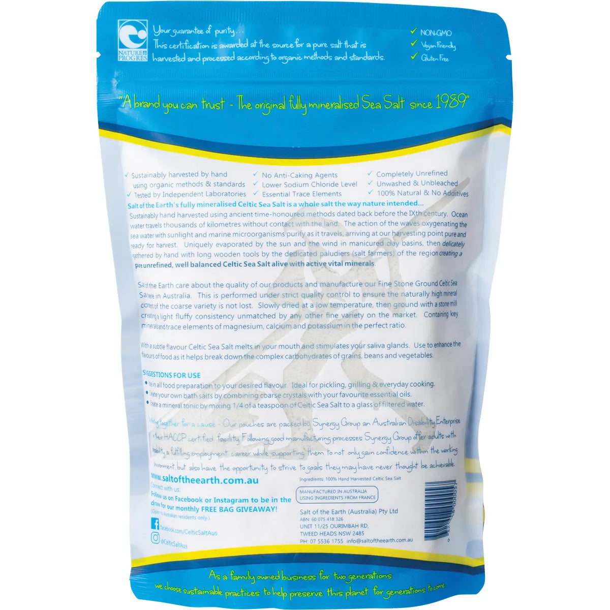 Salt of the Earth Celtic Sea Salt Fine 650g back label and product information
