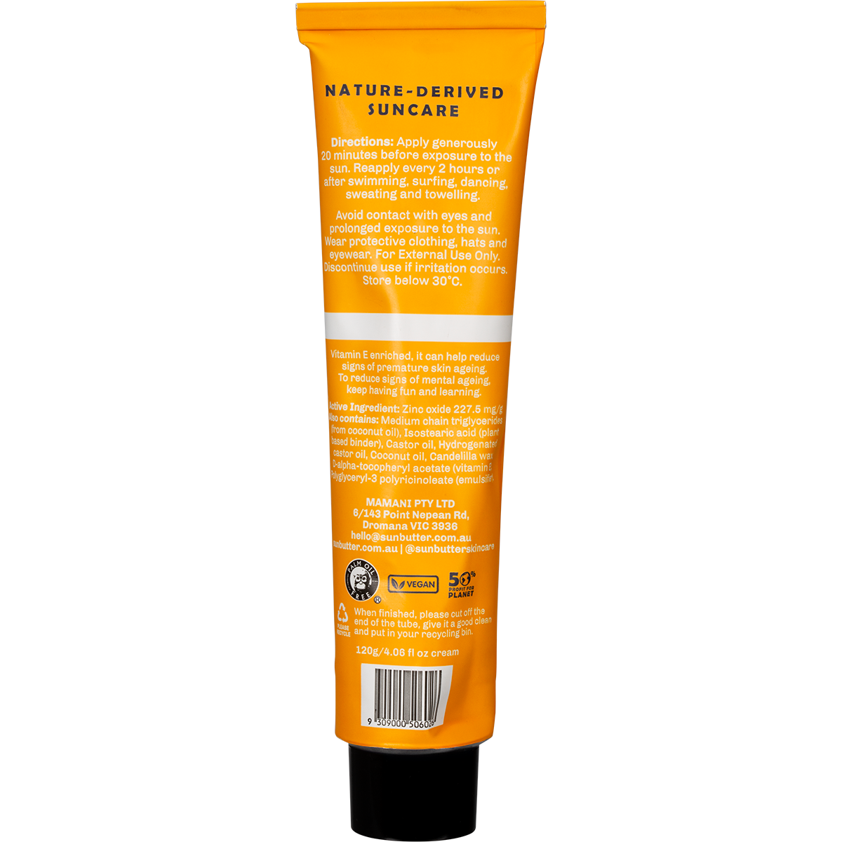 SunButter Skincare SPF50 Reef Safe Sunscreen Tube 120g back label