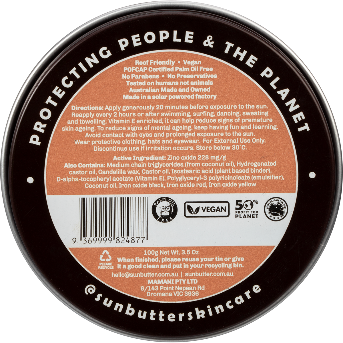 SunButter Skincare Tinted SPF50 Reef Safe Sunscreen 100g back label