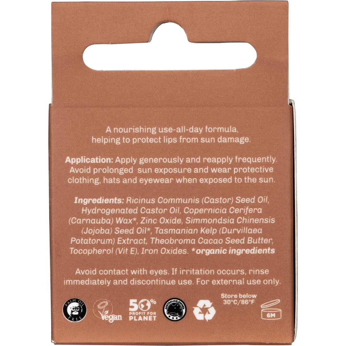 SunButter Skincare SPF15 Cacao Lip Zinc 15ml back label
