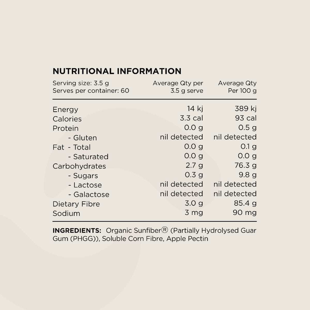 Switch Nutrition PHGG+ nutrition panel: 3.5g serving, 3g fibre and 60 serves