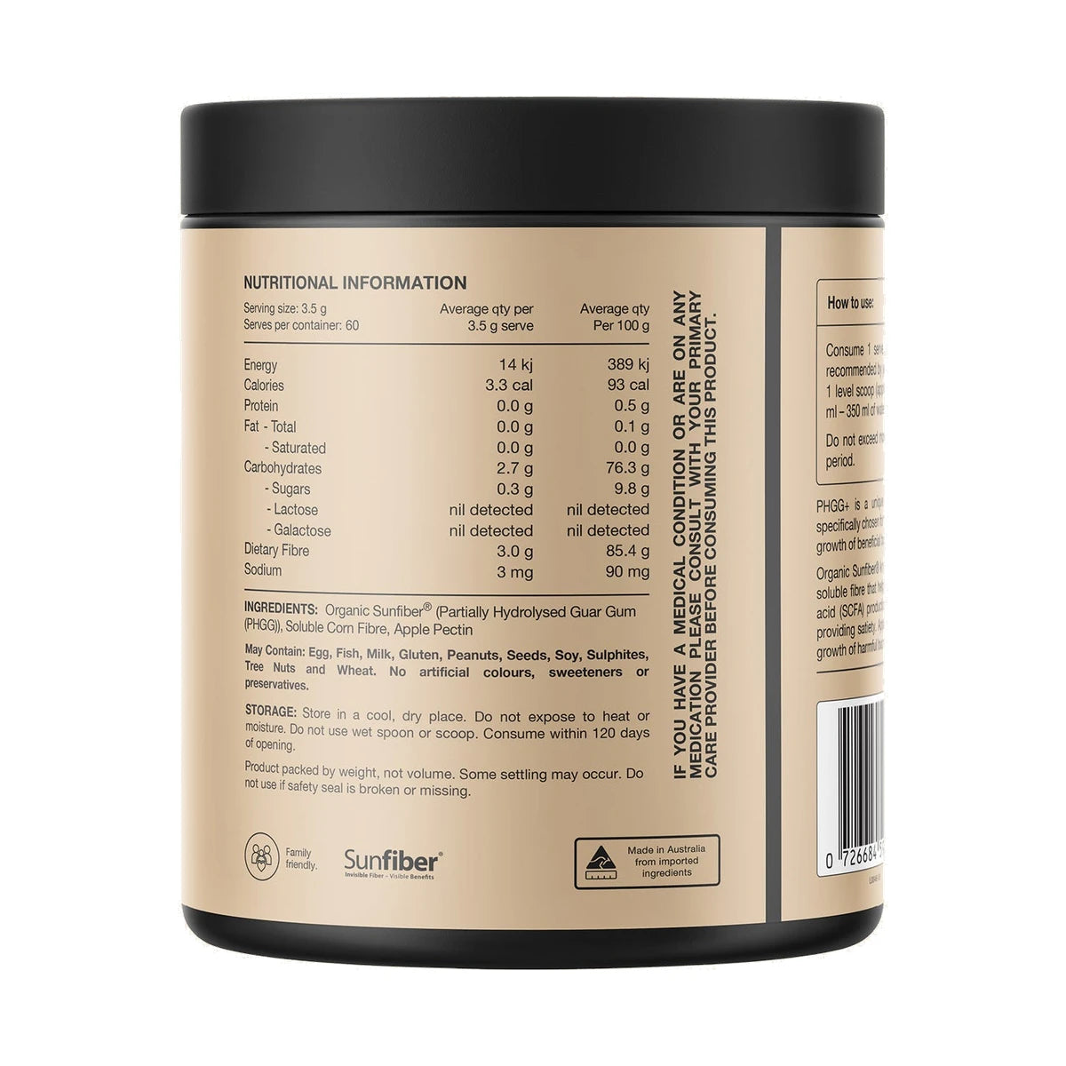 Switch Nutrition PHGG+ 210g rear label on a white background, with ingredients, nutrition and storage