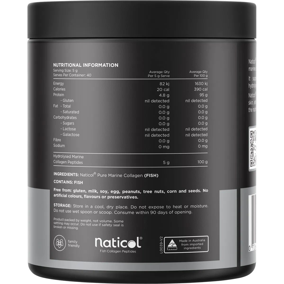 Naticol Pure Marine Collagen powder container with nutritional information and ingredients list.