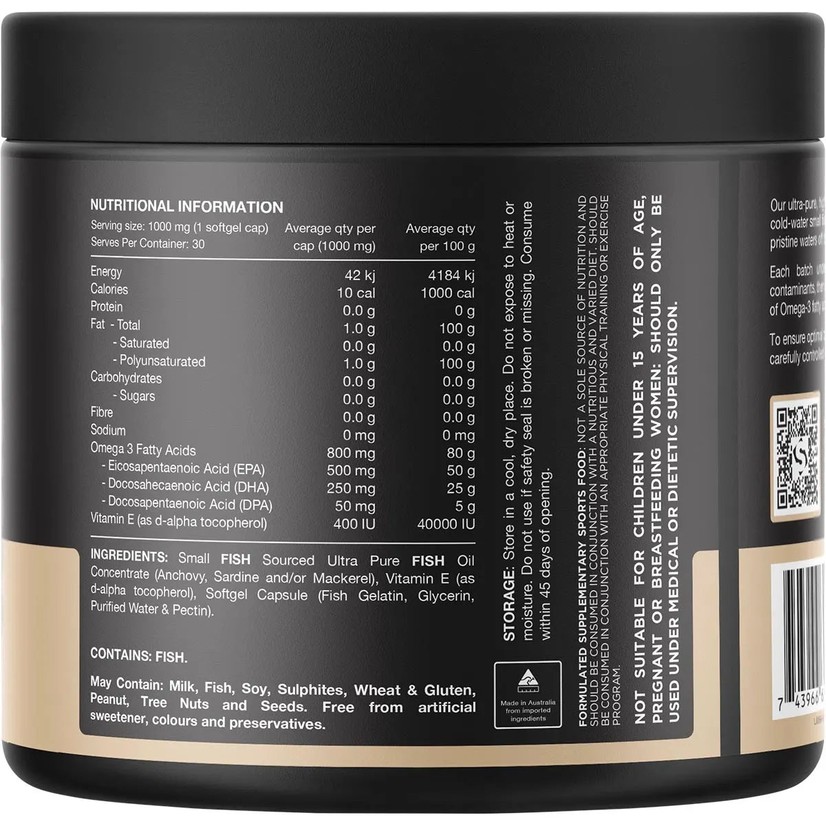 Nutritional information label for Switch Nutrition Ultra Fish Oil High Strength Norwegian Omega 3, detailing serving size and ingredients.