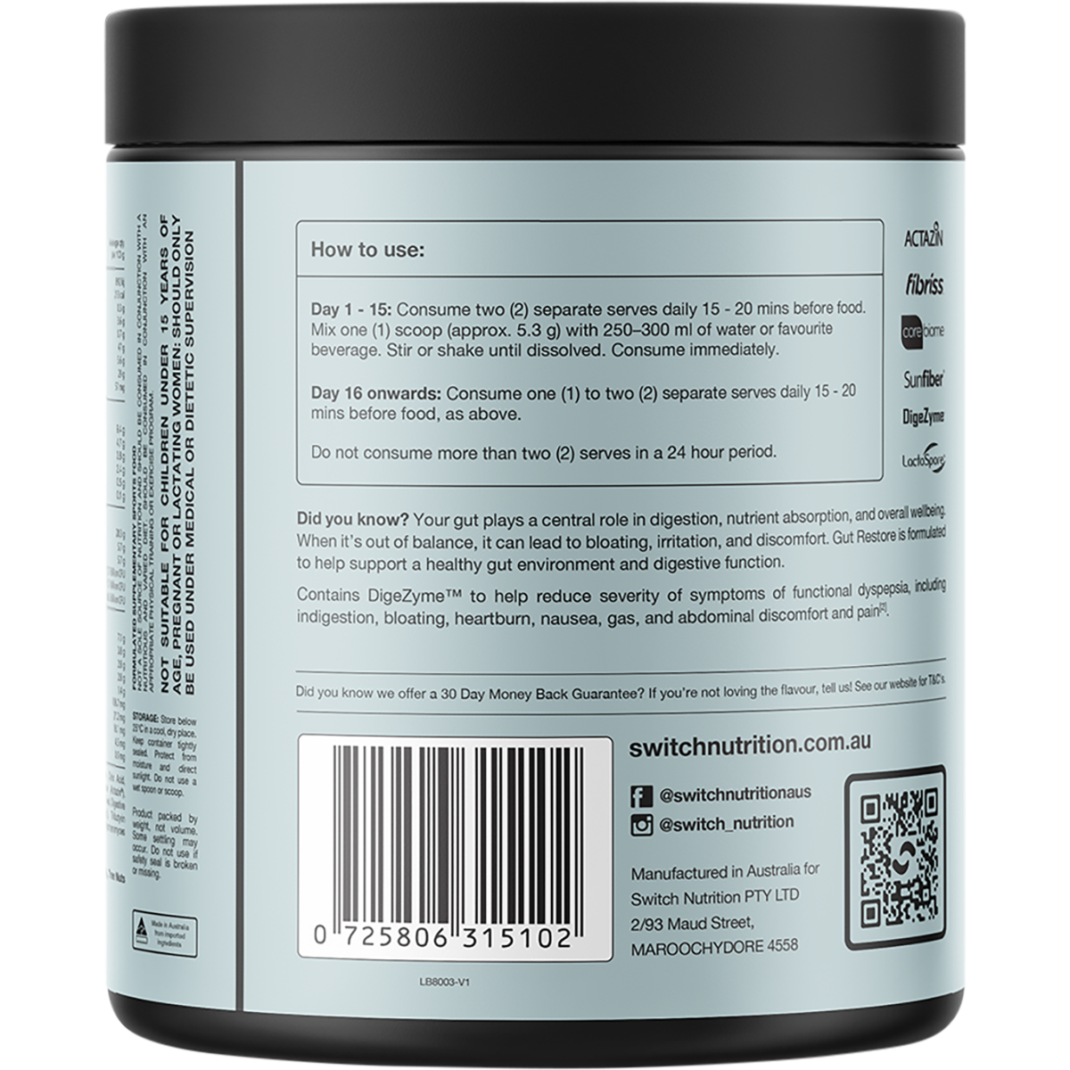 Switch Nutrition Gut Restore Natural 159g — directions and daily serving limit