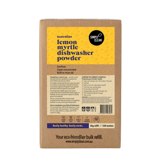 Simply Clean Dishwasher Powder Lemon Myrtle 5kg eco-friendly packaging for sparkling clean dishes.
