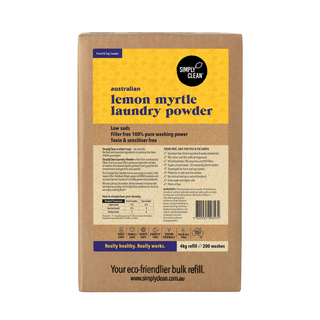Simply Clean Lemon Myrtle Laundry Powder 4kg eco-friendly packaging, gentle on clothes and tough on stains.
