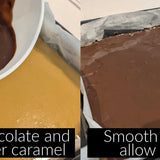 Chocolate topping spread over the caramel layer