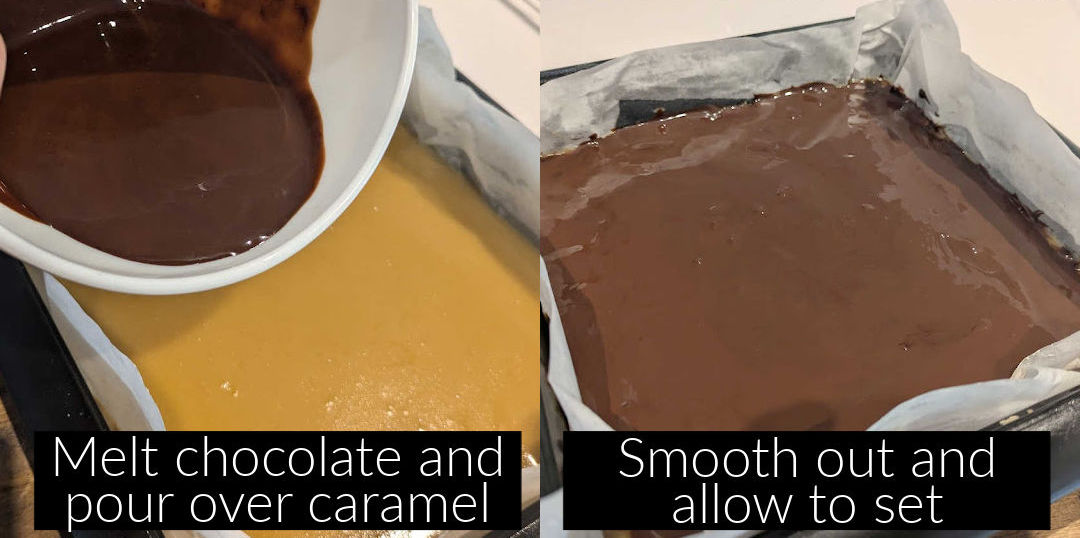 Chocolate topping spread over the caramel layer