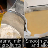 Caramel layer poured over the baked slice base