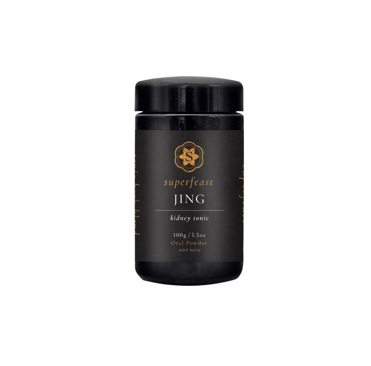 Superfeast Jing 100g herbal supplement for vitality, balance, and energy support in a sleek black container.