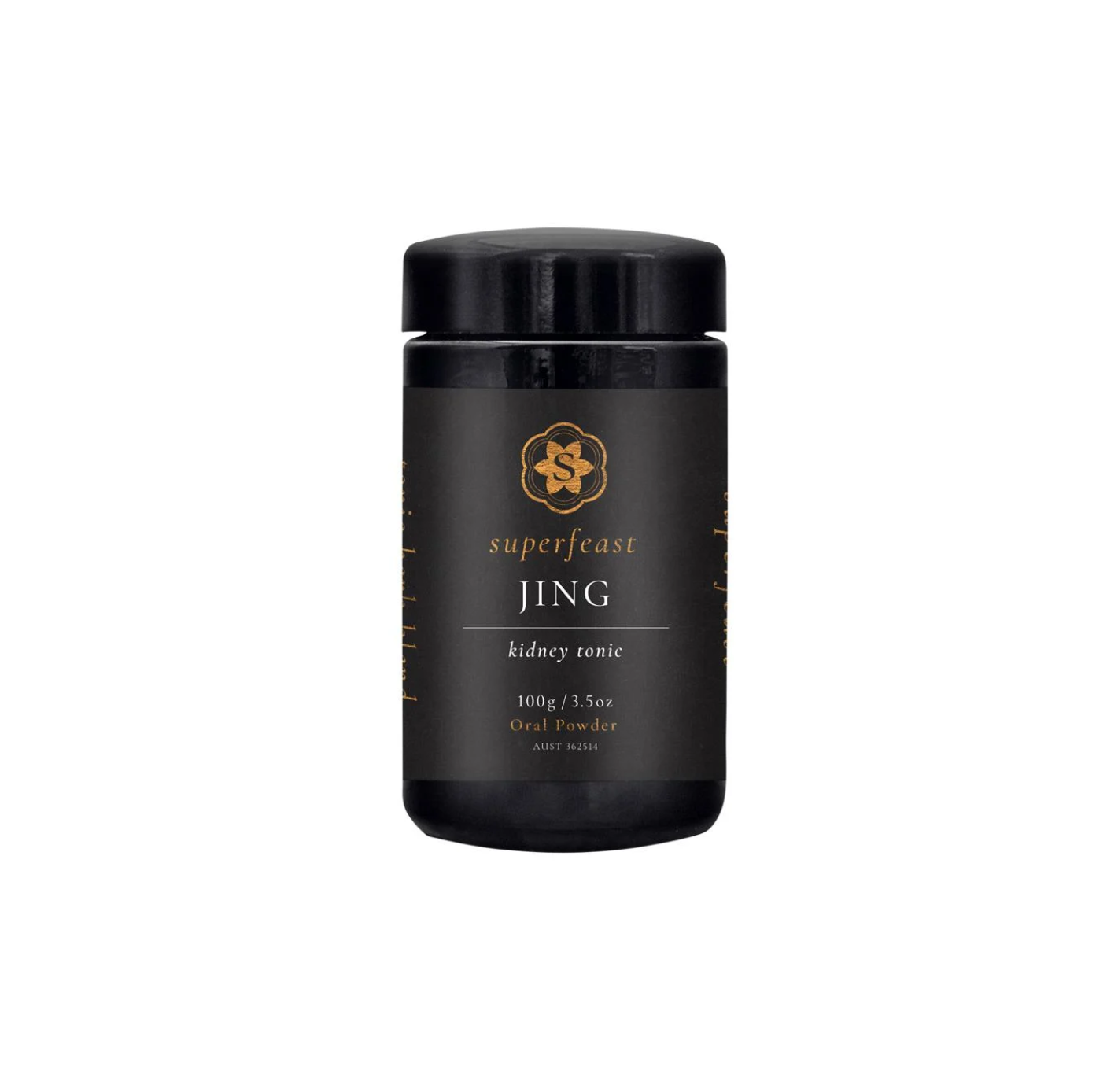 Superfeast Jing 100g herbal supplement for vitality, balance, and energy support in a sleek black container.