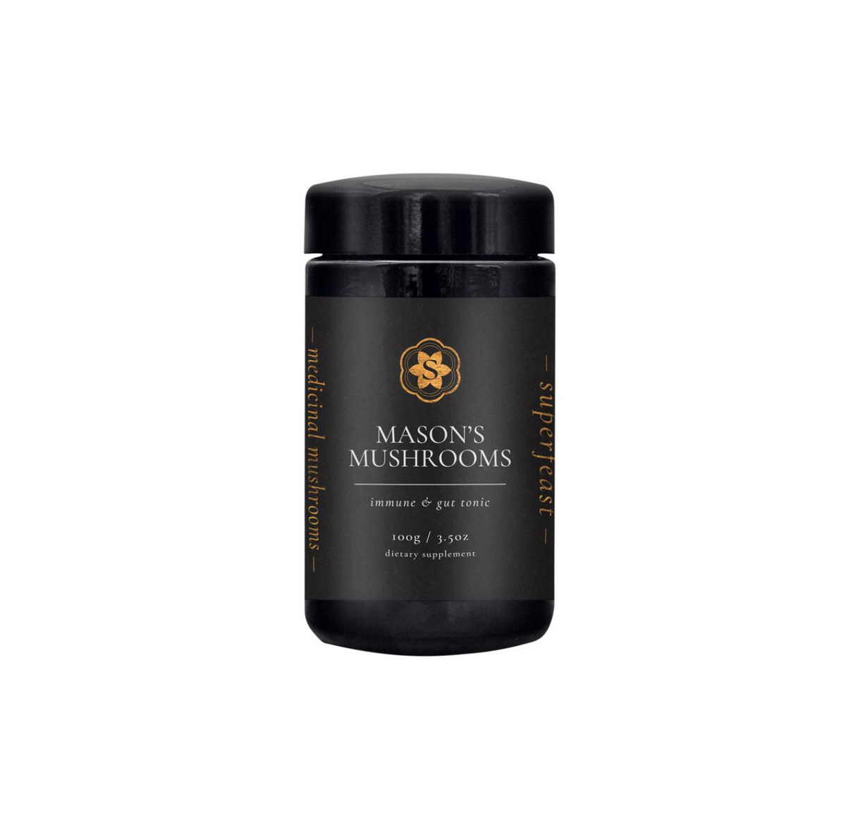 Superfeast Masons Mushrooms 100g bottle for immune support and gut health, featuring premium medicinal mushroom blend.