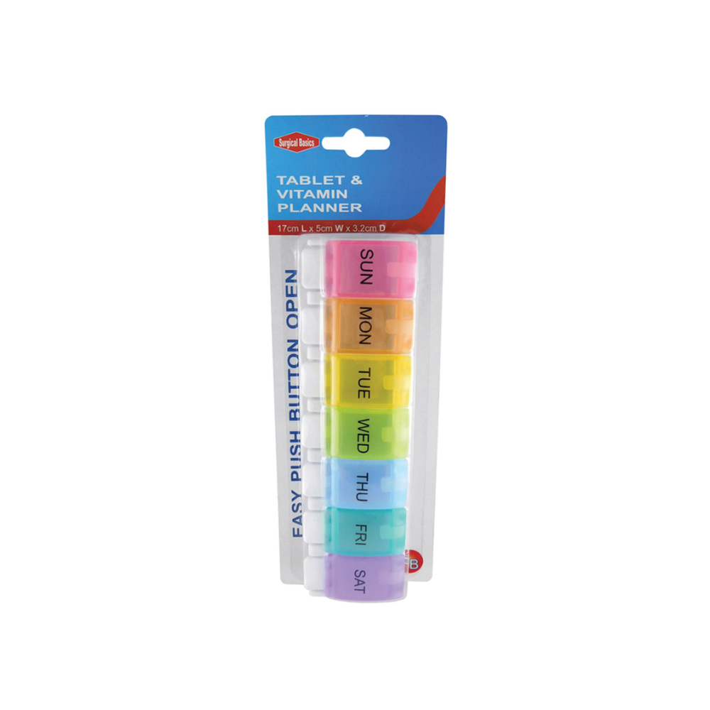 Surgical Basics Weekly Pill Planner with compartments for each day of the week, ideal for medication management.