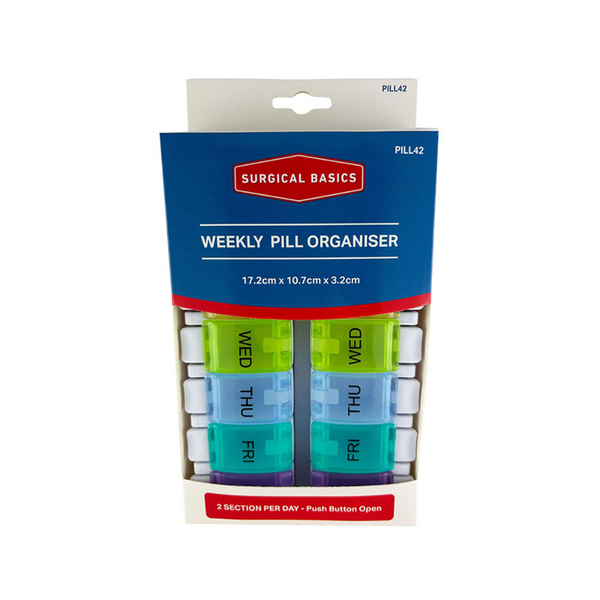 Surgical Basics Weekly Pill Organiser for managing AM and PM medication, featuring clear compartments for each day.