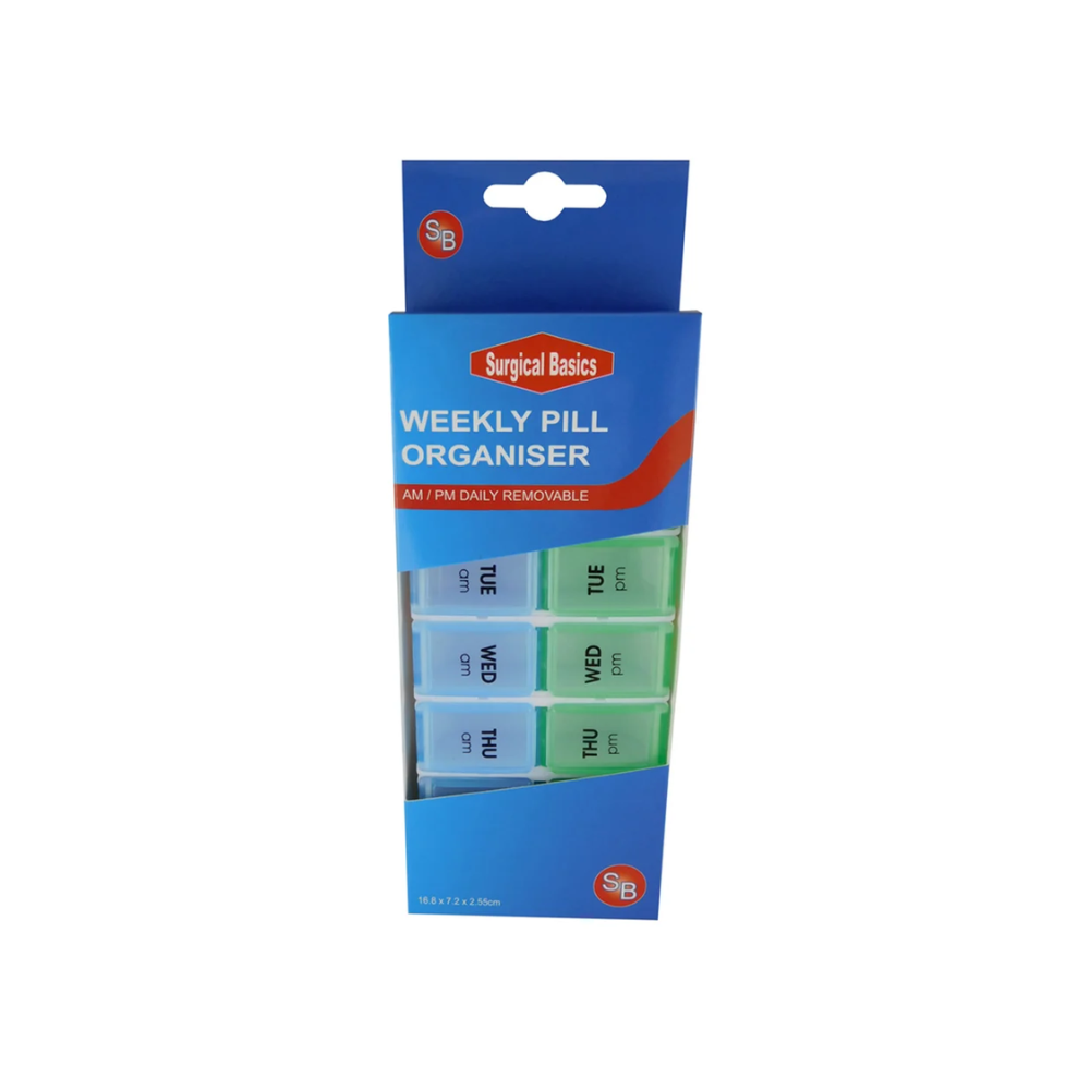 Surgical Basics Weekly Pill Organiser for daily AM/PM medication management, compact and portable design.