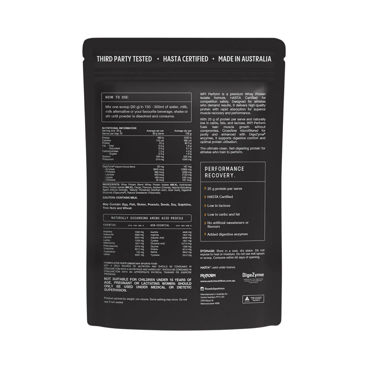 Switch Nutrition Perform Hasta Whey Protein Isolate Chocolate Milk 750g