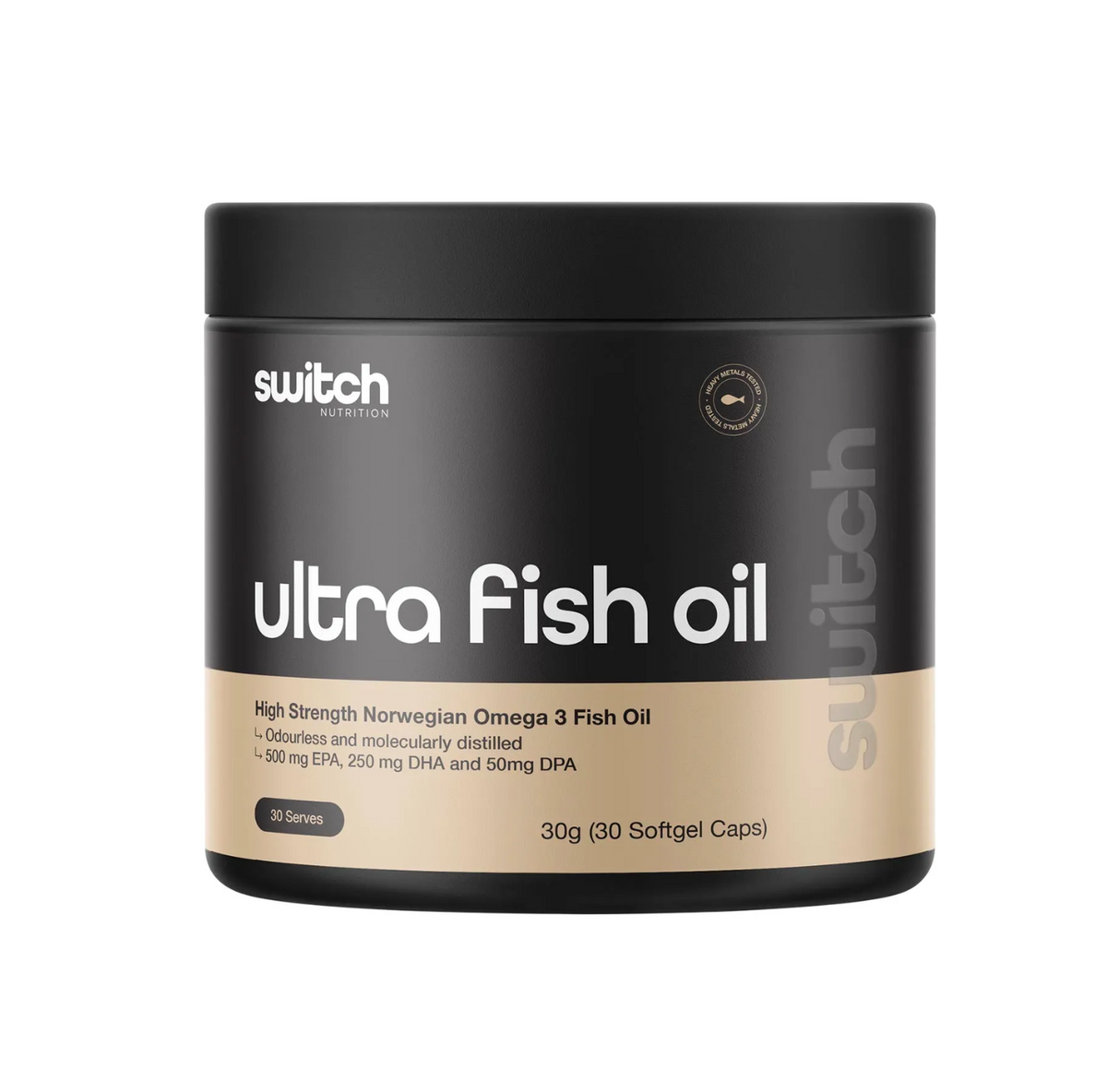 Switch Nutrition Ultra Fish Oil jar, high strength Norwegian Omega 3, 30 softgel caps for heart and brain health.