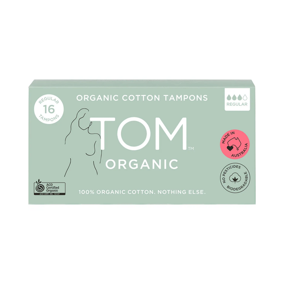 TOM Organic Tampons Regular 16 Pack, made with 100% organic cotton, for breathable, chemical-free feminine care.
