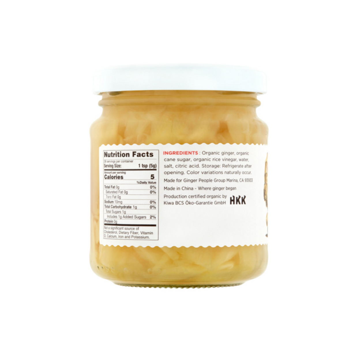 Organic Sushi Ginger in jar with nutrition facts label, 190g, vegan, gluten-free, no preservatives.
