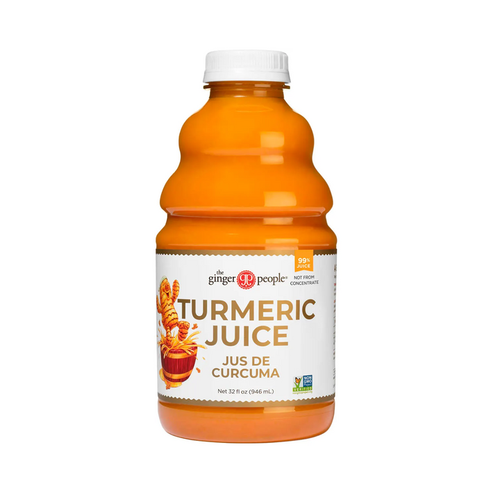 The Ginger People Turmeric Juice 99%, 946ml bottle, showcasing vibrant color and nutritious benefits of pure turmeric.