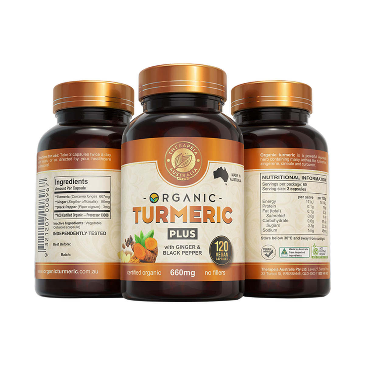 Therapeia Australia Organic Turmeric Capsules With Black Pepper PLUS 120 Caps 3 Pack product packshot