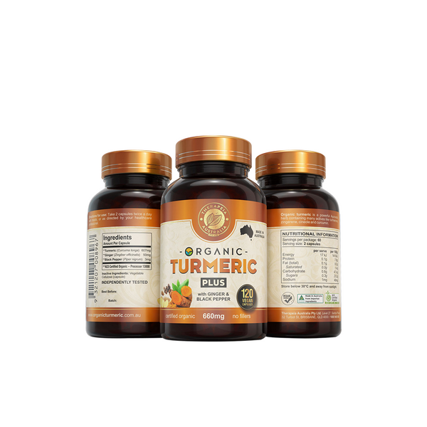 Therapeia Australia Organic Turmeric Capsules With Black Pepper PLUS 120 Caps 3 Pack