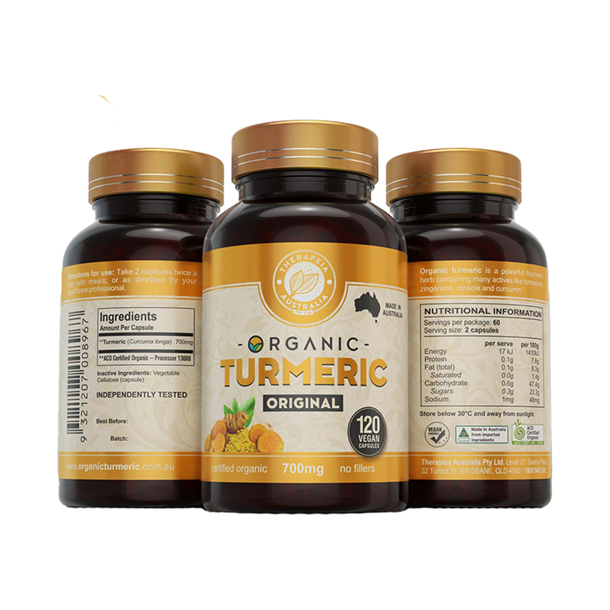 Therapeia Australia Organic Turmeric Original 120 Capsules 3 Pack product packshot