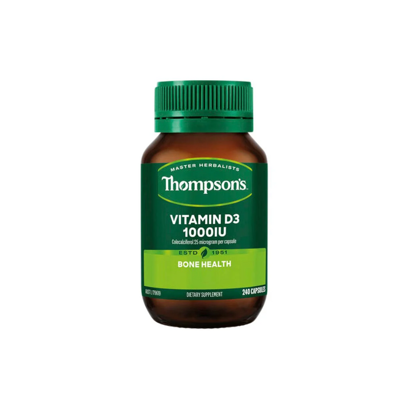 Thompsons Vitamin D3 1000IU supplement bottle for bone health, containing 240 easy-to-swallow capsules.