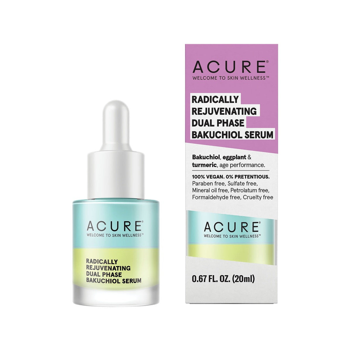 Acure Radically Rejuvenating Dual Phase Bakuchiol Serum 20ml bottle and box front